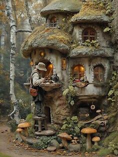 a man standing in front of a house made out of rocks and trees with mushrooms growing on it