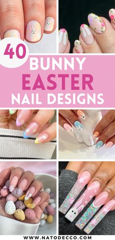 Bunny nail art, Easter eggs nail art, and Easter egg pattern nail designs. Easter Nails Almond Shape, Easter Nails Square, Easter Pastel Nails, Easter Egg Nails, Easter Nails Design Spring, Easter Nails Easy, Spring Nail Design, Nails Easter, Nails Trending