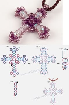 the cross is made from beads and has been beaded in purple, white and pink