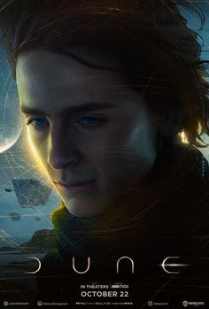 the poster for dune is shown with an image of a man looking at something in front of him