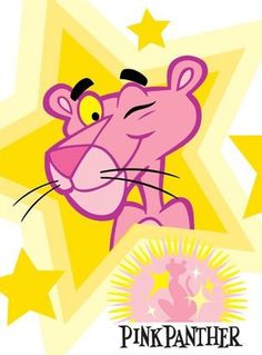 a pink panther cartoon character with stars in the background and text that reads, pink panther