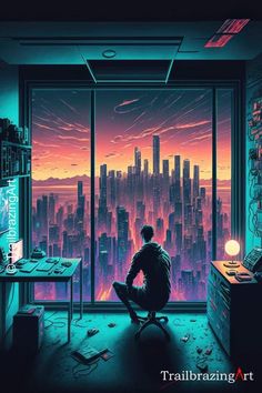 a man sitting in front of a window looking out at a cityscape with neon lights