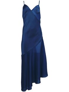 imperial blue silk blend chiffon satin weave semi-sheer panels V-neck spaghetti straps sleeveless asymmetric hem below-knee length Dresses Chiffon, Midi Slip Dress, Satin Slip, Silk Charmeuse, Chiffon Skirt, Satin Slip Dress, After Hours, Lace Bodysuit, Silk Chiffon