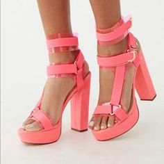 These Are Brand New And Have Never Been Worn. Bold Ankle Strap Heels For Spring, Bold Heels For Spring Party, Bold Spring Party Heels, Bold Pink Heels For Summer, Bold Heels For Night Out In Summer, Bold Pink Summer Heels, Spring Bold Heels With Stacked Heel, Bold Stacked Heel Spring Heels, Bold Spring Heels With Stacked Heel