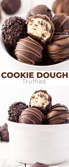 chocolate covered cookie doughnuts in a white bowl with the words cookies doughnut truffles