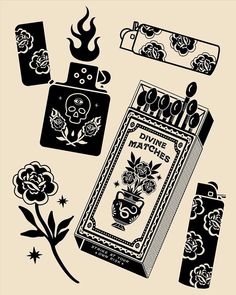 an assortment of decorative items are depicted in this black and white illustration, including lighters