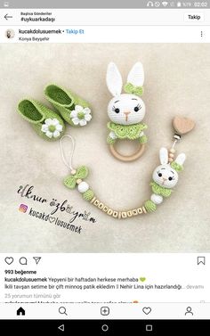 an image of a knitted bunny and baby rattler set on the app store's facebook page