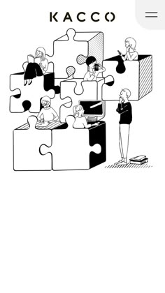 a black and white drawing of people in puzzle pieces with the words kaco on it