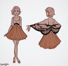 a drawing of a woman in a dress with butterfly wings on her shoulders and back