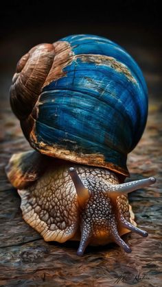 a close up of a snail on the ground with its shell covered in blue and brown paint