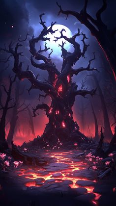 an illustration of a creepy tree in the middle of a dark forest with red light coming from its branches