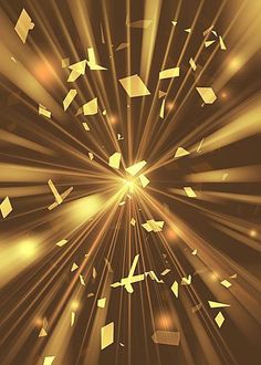 an abstract background with gold and white squares flying through the air in front of a starburst