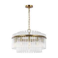 a chandelier hanging from the ceiling with clear glass rods and gold trimmings