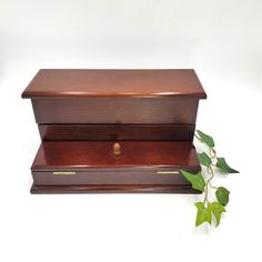 an empty wooden box with a plant growing out of the top, on a white background