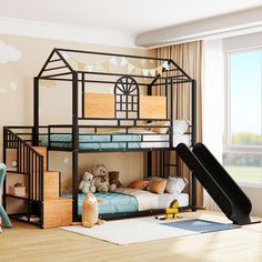 a child's bedroom with a bunk bed and slide