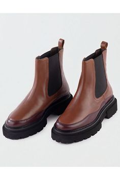 Pull-on silhouette with elastic side panel/Leather upper/Heel tab/Rubberized lug sole/Not Eligible For Promotions | Only Ships Within The USA Chelsea Boots Hoodie, Fall Winter Shoes Casual, Fall Winter Shoes, Chelsea Boot, Lug Sole, Winter Shoes, Boot Shoes Women, American Eagle Outfitters, American Eagle