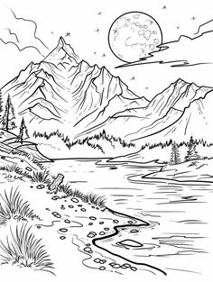 a mountain lake with trees and mountains in the background, coloring pages for adults to print