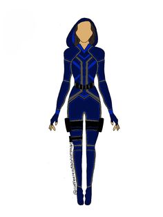 a drawing of a woman in a blue suit with chains on her feet and hands behind her back