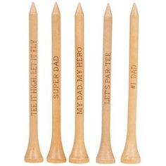 Full Text: 	 Super Dad 	 Tee It High, Let It Fly 	 #1 Dad 	 My Dad, My Hero 	 Let's Par-Tee Details: 	 Dimensions: 3.25" H x 0.38" W x 0.38" D 	 Material: Wood 	 Color: Brown 	 Quantity: 20 Tee up the perfect gift for dad with these Engraved Wood Golf Tees! These wooden golf tees have a light brown finish and are each engraved with a dad-related or humorous phrase. They'll make a fun addition to a dad's golf bag the next time he hits the links! Par Tee, Engraved Wedding Gifts, Paper Flower Art, Laser Engraved Gifts, Diy Workbench, Laser Ideas, Home Office Accessories, Golf Tees, Super Dad