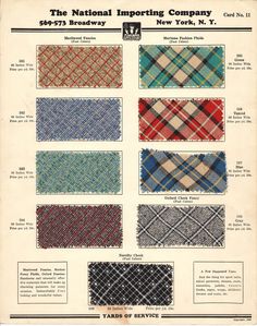 Antique Vintage Fabric Sample Swatches from The National Importing Company. 569-573 Broadway New York, NY. Card No. 11 . Meritweed Fancies. Meritone Fashion Plaids, Oxford Fancies, and Checks, All Fast Colors. Copy right 1929.   Large Card with Nine Color Patterned Fabric Sample Swatches adhered to card; each with lot number, measurements and price per yard. .  Printed at lower right: "A Few suggested uses: Just the thing for sport suits, school garments, dresses, coats, ensembles, jackets, tenn 1920s Patterns, Vintage Fabric Prints, Dresses Coats, Broadway New York, Hay Fever, Antique Fabrics, Check Fabric, Old Ads, Patterned Fabric