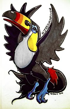 a drawing of a toucan bird with its wings spread