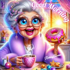 an old lady holding a cup of coffee and donut with the words good morning on it