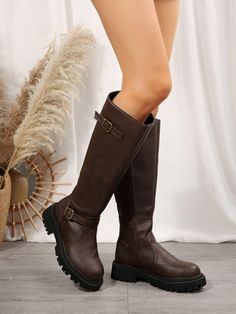 Women's Fashion Round Toe Side Zipper Thick Sole Over-The-Knee Casual Boots Brown         Women Shoes, size features are:Bust: ,Length: ,Sleeve Length: Boots Brown Women, Graduation Heels, Beige Ankle Boots, Heel Stretch, Vacation Shoes, Equestrian Boots, Boots Women Fashion, Brown Women, Rubber Shoes