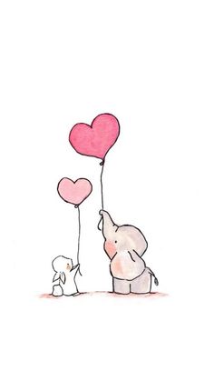 an elephant holding two heart shaped balloons with a small dog on the ground next to it