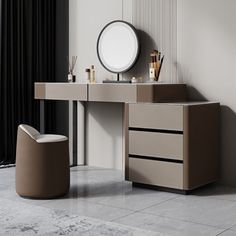 a vanity with a mirror and stool in a room