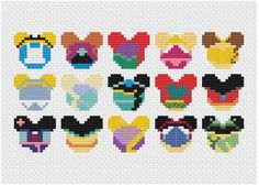 cross stitch pattern with different types of mickey mouse ears and other disney character head shapes