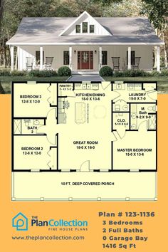 1500 sq ft house plans french country, Plan # 123-1136 1500 Sq Ft House Plans, Country House Plans Farmhouse, 1500 Sq Ft House, Small Country Homes, House Plans With Photos, Cottage Floor Plans, House Construction Plan