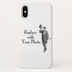 a phone case with an image of a man holding a hat on his head and the words replace with your photo