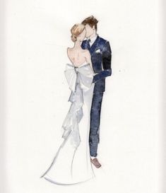 a watercolor painting of a bride and groom hugging each other in front of a white background