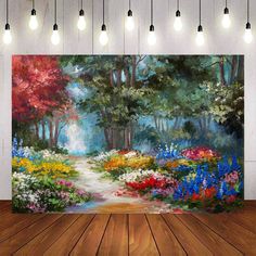 an oil painting on canvas of flowers and trees