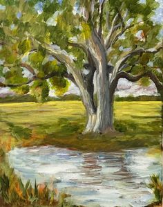 an oil painting of a tree by the water