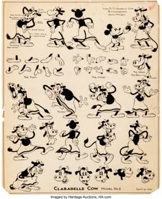 an old cartoon character sheet from the 1950's, depicting various poses and expressions