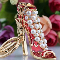 Pearl High Heels, Gold High Heel Shoes, Rhinestone Keychain, Crystal Keychain, Keychains Charms, Gold High Heels, Cute Keychains, Unique Keychains, Jewelry Making Bracelet