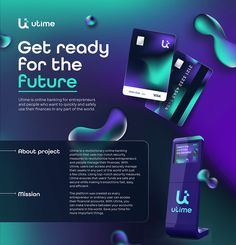 an advertisement for the future mobile phone is shown in purple and blue colors with bubbles around it