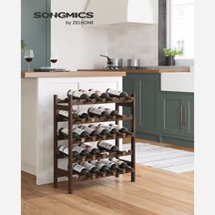 a wine rack in the middle of a kitchen