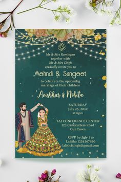 Mehndi sangeet green dancing Indian bridal couple Invitation template instant download Sangeet Night Invitation, Sangeet Template, Bridal Couple, Hindu Wedding Invitations, Invitations Ideas, Naming Ceremony, Wedding Illustration, Indian Wedding Invitations, Hindu Wedding