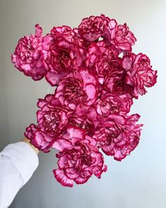 a person holding a bunch of pink flowers in their hand with white gloves on it