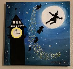 an acrylic painting of a clock tower with angels flying over it at night