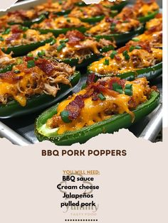 an advertisement for bbq pork poppers with green peppers and bacon on them, along with other toppings