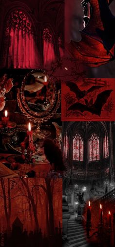 a collage of images with red lighting and gothic architecture in the background, including candles