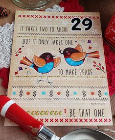 there is a card with two birds on it and the words 29 takes two to agree, but it only takes one to make peace