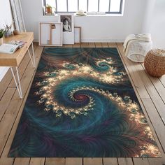 a rug with an abstract design on the floor