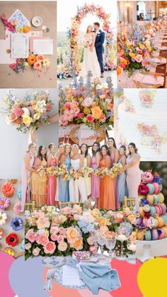 a collage of photos with flowers, cake and other things in the background that are colorful