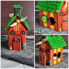 three pictures of a red birdhouse with green roof