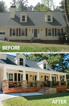 before and after photos of a house with porches on the front, covered in brick