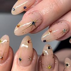 Celestial Gem Art Nails — Mad Mo Acrylic Nail Designs Celestial, Fall Celestial Nails, Celestial Bridal Nails, Mystical Nails Almond, New Orleans Nail Ideas, Celestial Gel Nails, Gem Christmas Nails, Cancerian Nails, Whimsigoth Nail Art